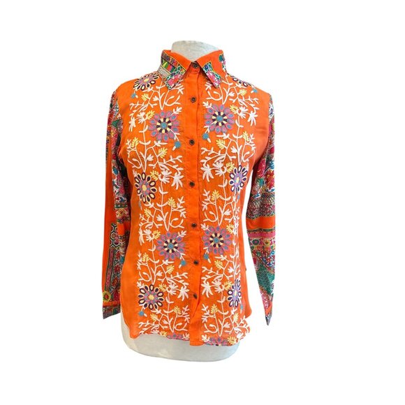 Bohemian Floral & Paisley Embroidered Shirt - All About Her S - Viscose Orange & - Picture 1 of 9